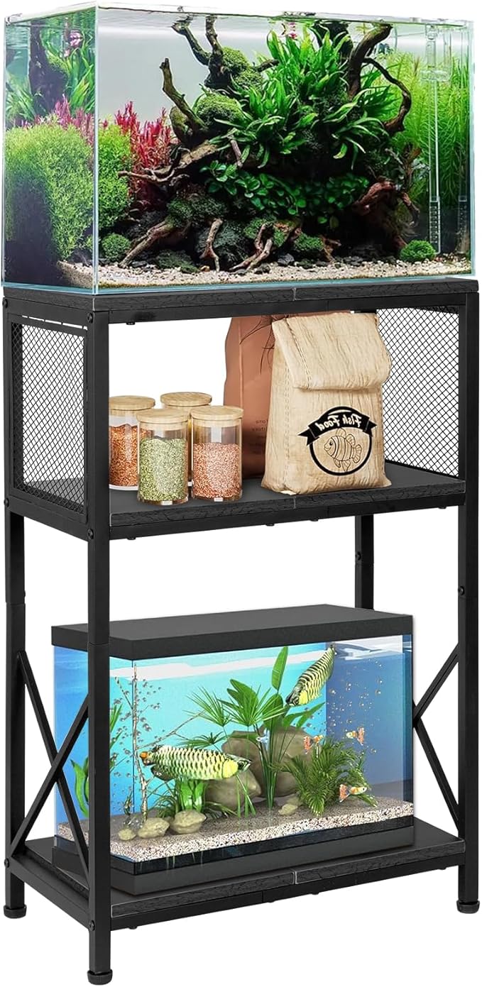 SwaaVee 10 Gallon Fish Tank Stand, Heavy-Duty 3-Tier Metal Storage Cabinet, Rustic Brown Aquarium Stand for Fish, Turtle & Reptile Terrariums (Rustic Black)