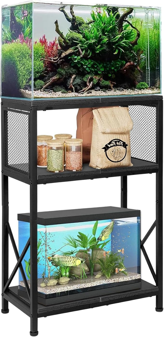 SwaaVee 10 Gallon Fish Tank Stand, Heavy-Duty 3-Tier Metal Storage Cabinet, Rustic Brown Aquarium Stand for Fish, Turtle & Reptile Terrariums (Rustic Black)