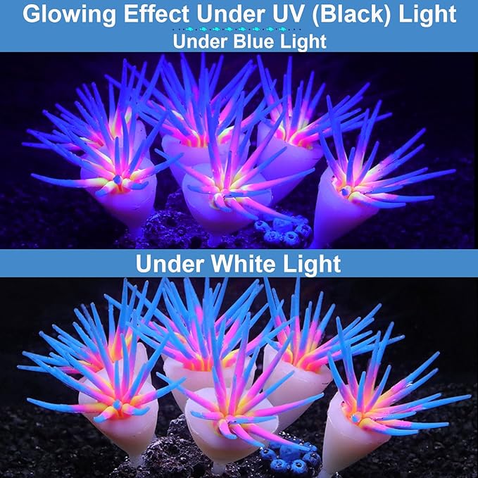 Silicone Glowing Effect Aquarium Fish Tank Decorations, Artificial Soft Anemone Coral Plants Ornaments for Aquarium Decor Landscape, Glow in Dark Fish Tank Accessories Decorations(Blue)