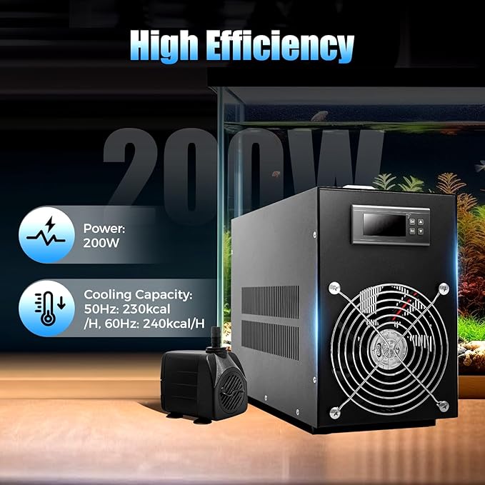 15.85Gal Aquarium Chiller, 200W 110V Cooling Machine with Temperature Probe Line, 60L Fish Tank Cooler Aquarium Water Chiller -58-230℉ Temp Adjustable for Fish Tank Axolotl Coral Reef Tank