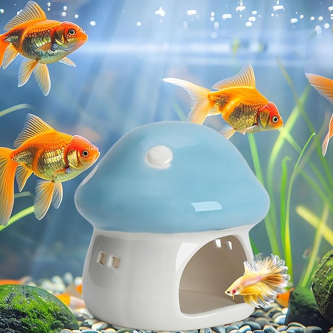 Saim Ceramics Mushroom House Aquarium Decor, Betta Fish Tank Accessories Landscape Decoration, Small Shrimp Goldfishes Habitat Hut Pleco Smalland Breeding Hide Caves Toad House - Blue