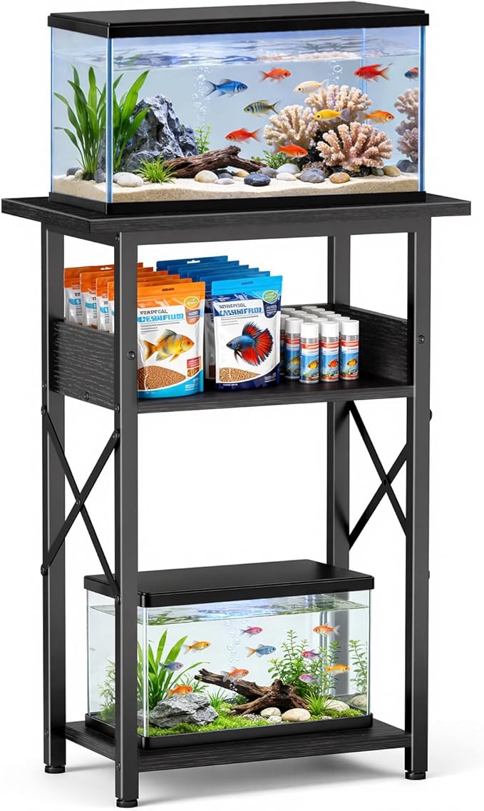 10 Gallon Fish Tank Stand with Storage Shelves, 3-Tier Aquarium Stand with Rust-Proof Metal Frame, Heavy Duty Waterproof Reptile Turtle Tank Stand for Home Office Up to 150LBS, 21.5" L x 11.5" W x 30" H, Black