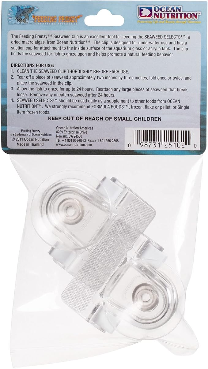 Ocean Nutrition Fish Feeder Seaweed Clips for Saltwater Fish - Aquarium Suction Cups, Holds Food Intact, Prolongs Feeding Process, Pack of 2 for Tangs, Rabbitfish, Marine Angelfish, Wrasses, Damsels