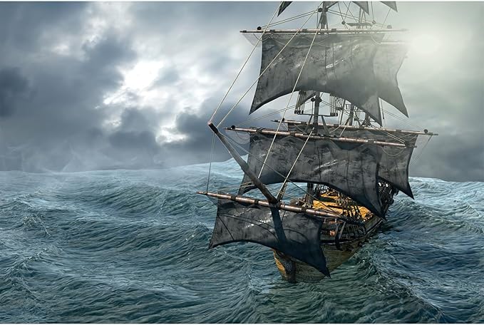 Pirate Ship Aquarium Background Stormy Blue Deep Sea Ocean Seascape Fish Tank Background Splendid Sunset Vintage Sailing Old Ship Rough Seas Terrarium Backgrounds for Home Tank Decors 48x20in