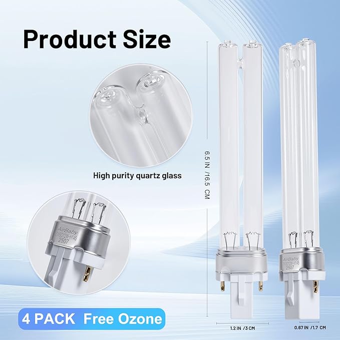 AIRBABY 9W ÜVC Replacement Bulbs for Pond Clarifiers & Aquariums - G23 Base ÜV Light Compatible with JUP-01 UVE9, CF400, CF500, UVCP-9 | 8000-Hr Life | Water Clarification (4 Pack)