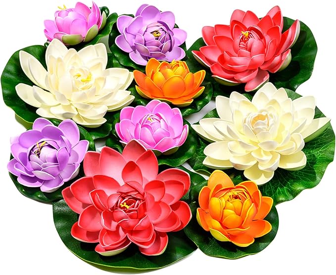 Artificial Floating Foam Lotus Flower with Water Lily Pad, Realistic Ornanment Perfect for Home Outdoor Patio Pond Aquarium Wedding Party Decorations, 10PCS