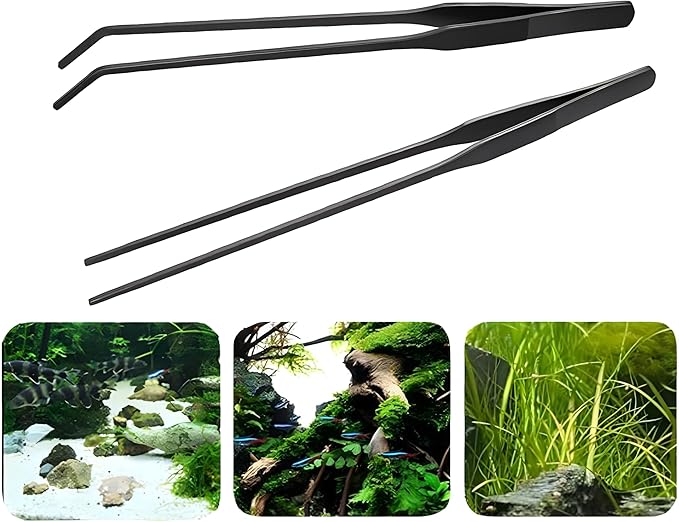 2-Pack Aquarium Tweezers, Stainless Steel Straight and Curved Tweezers Set, Long Handle Reptile Feeding Tongs for Aquatic Plants Lizards Spider Snakes Garden Repairing - 10-3/5inch, Black