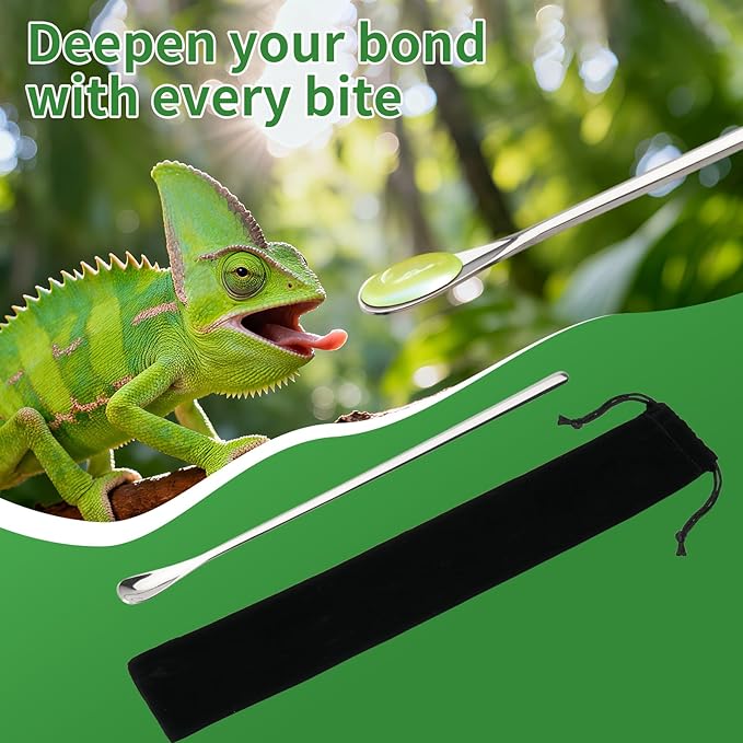 3PCS Reptile Feeding Tongs with Rubber Tips, 10.6" Stainless Steel Tweezers & Spoon Set with Storage Bag for Bearded Dragons, Geckos, Turtles, Tank Accessories