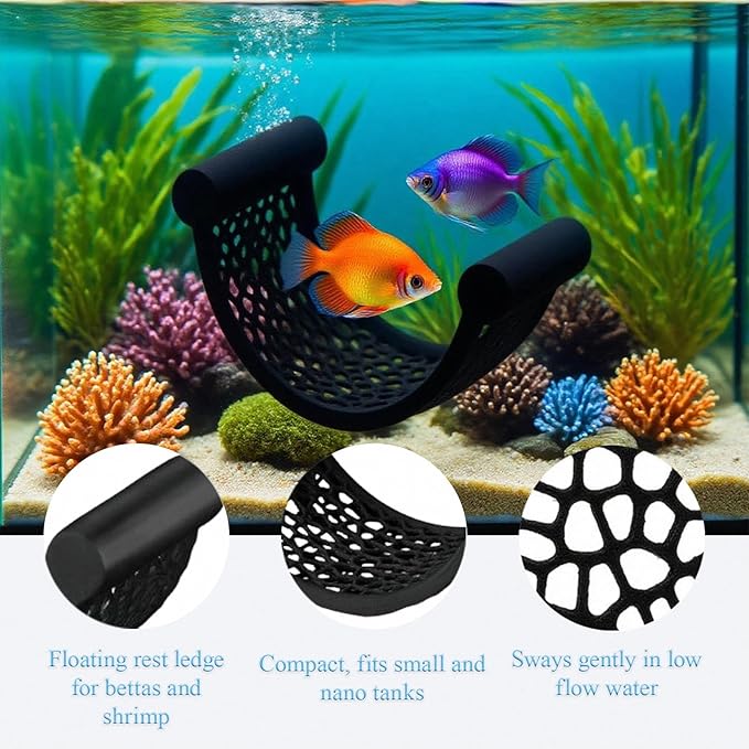 CPLIKE Black Betta Fish Hammock – Floating Aquarium Rest Ledge for Nano Fish, Shrimp, Corydoras – Natural-Look Black Perch Platform for Betta Tanks, Aquascape Decor, Low Flow Aquarium Accessory