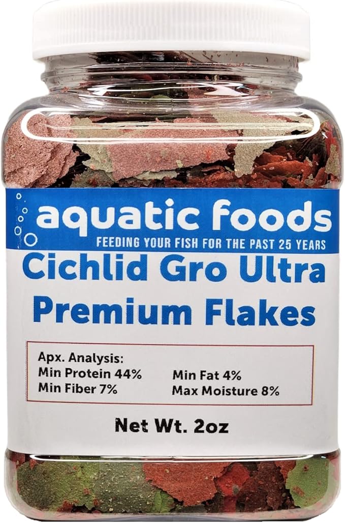 Cichlid Growth Flakes, Ultra 8-Type Premium Flake Mix for Discus, Cichlids, All Tropicals. Aquatic Foods Premiun Flakes - 2oz Small Jar