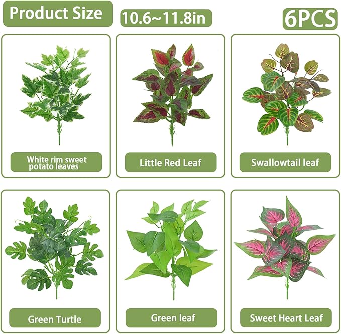 PINVNBY Reptile Terrarium Plants Hanging Artificial Lizards Habitat Climbing Decorations with Suction Cup Pets Tank Fake Green Plastic Ornament for Amphibians Bearded Dragons 6PCS…