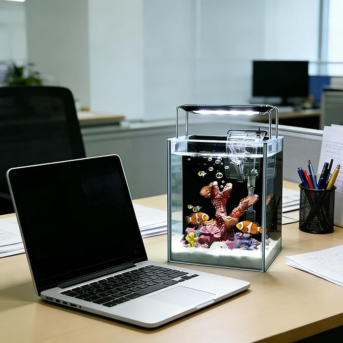 Glass Aquarium Starter Kits 1.5 Gallon Small Fish Tank, Betta Fish Tank for Home Office Deco, with LED Light, Power Filter, 4mm Glass, Black
