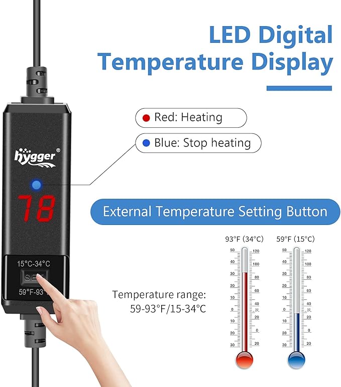 hygger Small Aquarium Betta Heater, Submersible Fish Tank Heater 10W/25W/50W/100W with LED Digital Display, Suitable for Marine Saltwater and Freshwater up to 5/10/16/26 Gallon
