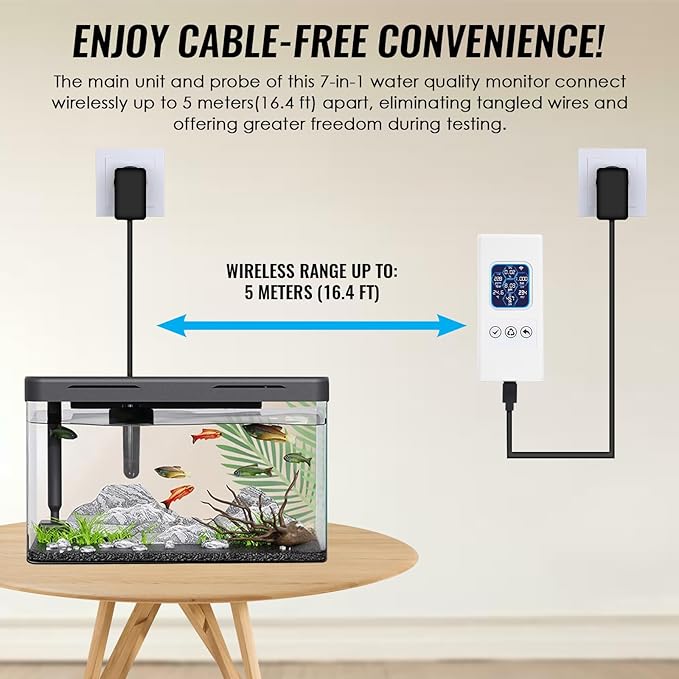 7-in-1 Wireless WiFi Water Quality Monitor, Smart Water Tester Measures pH/TDS/EC/ORP/Salinity/SG/Temp, Multi-Parameter Tester with Real-Time Alerts, Thermometer for Freshwater & Saltwater Aquarium