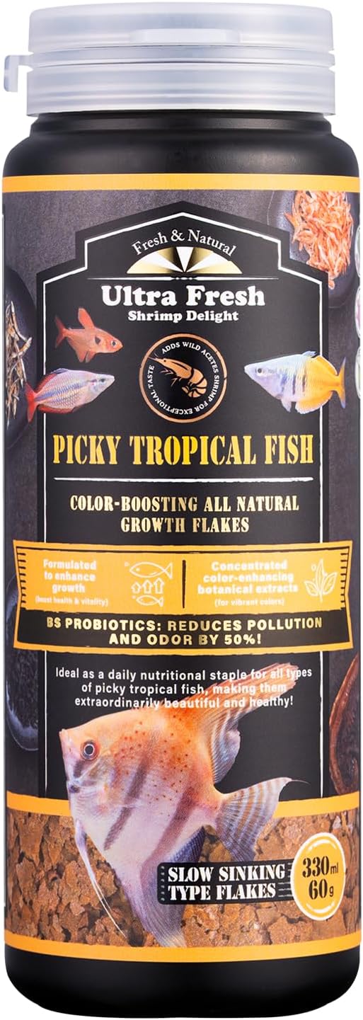 Ultra Fresh Tropical Fish Flakes Food, Color Boosting, All Natural, Complete Nutrition for Tropical Fish, Discus, Angelfish 2.12oz
