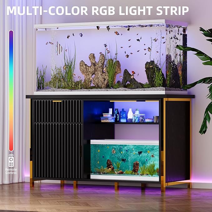 55-75 Gallon Fish Tank Stand with Power Outlets, LED Light, Vertical Lines, Heavy Duty Aquarium Stand with Cabinet for Fish Tank Accessories Storage, Turtle Tank, Reptile Terrarium (Black and Gold)