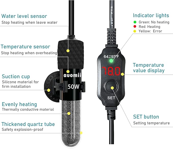 Small Submersible Aquarium Heater,Adjustable Mini Fish Tank Heater 25/50/100/150/200/300 Watts with External Temperature Controller, LED Display, Smart Memory, Used for 1-60 Gallons (25W)