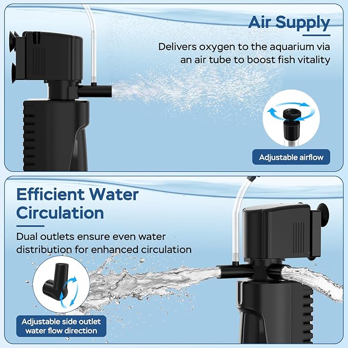 Aquarium U-V Filter for Green Water, Fish Tank Filter with U-V Light & Timer, Turtle Tank Filter with Dual Outlet & Aeration, for 60-150 Gallon Freshwater & Saltwater