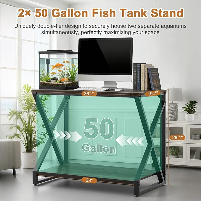 fishkeeper 50 Gallon Aquarium Stand 2-Tier Storage Shelves, 720LBS Upgraded Thickened Heavy Duty Metal Fish Tank Stand Terrarium Stand, 36.2" L x 19.7" W x 29.1" H Reptile/Turtle/Breeder Tank Stand