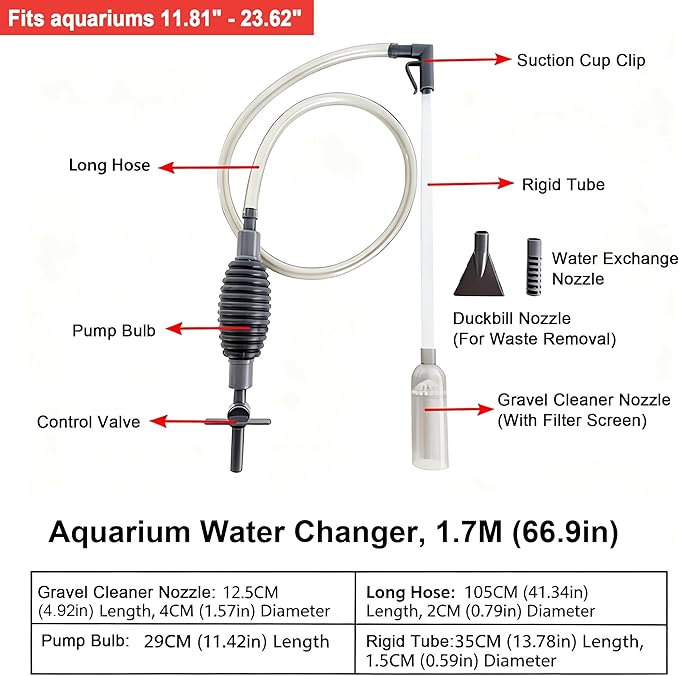 Aquarium Siphon Vacuum Gravel Cleaner, Fish Tank Water Changer with 3 Nozzles, Pump Bulb & Control Valve, Easy Water Change & Waste Remover for Fish Tanks