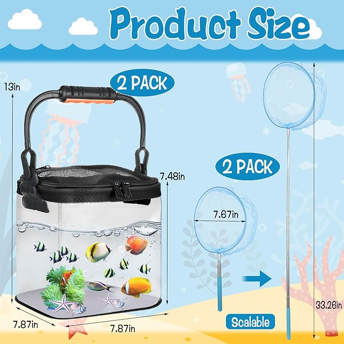 2 Sets Catch Plastic Beach Aquarium Kit, Release Aquarium Box for Beach with Retractable Net Bag and Transparent Portable Handheld（Black）