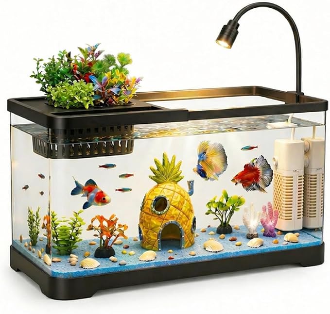 4 Gallon Fish Tank Aquarium Starter Kit with Filter and Light, All in One Small Fish Tank for Betta, Kids & Desktop Use, Self Cleaning Nano Aquarium with Lid(Medium Black)