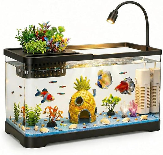 4 Gallon Fish Tank Aquarium Starter Kit with Filter and Light, All in One Small Fish Tank for Betta, Kids & Desktop Use, Self Cleaning Nano Aquarium with Lid(Medium Black)