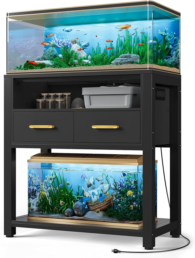 EOSVALO 20-29 Gallon Aquarium Stand with Stable Metal Frame & Power Outlet, Heavy-Duty Fish Tank Stand with Waterproof Mat, 550LBS Capacity Storage Cabinet, Black