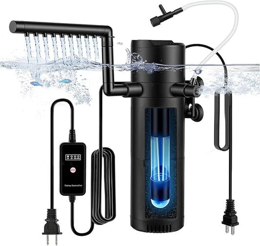 hygger Aquarium U-V Filter with Filter Sponge, U-V Light & Timer, Submersible Pump Filter for Green Water Clean, Internal Filter with Aeration & Rainfall for Fish Tank