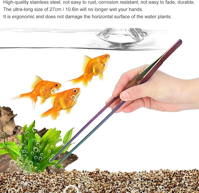 TITA-DONG 27cm Reptile Feeding Tongs, Rainbow Color Aquarium Tweezers Stainless Steel Fishbowl Long Tweezers, Aquascaping Tools for Hold Worms, Reptiles, Lizards, Bearded Dragon(27cm Straight Clip)