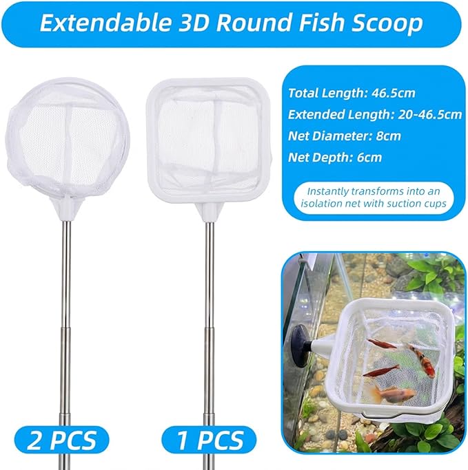 Aquarium Shrimp Net, 3 PCS Small Fish Nets for Fish Tank with Long Extendable Stainless Steel Handle, 3.15 Inch Round+Square Fine Mesh Net for Fishes Shrimp Tank Pond Creek Food Residue Debris