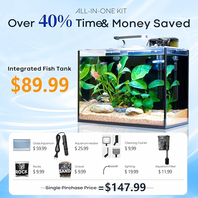 Wonderfactory 5 Gallon Small Aquarium Set Glass Fish Tank 6 Gallon, Starter Kit with Heater Water Pump Cleaning System Filter Bright Light Rocks Gravel Cleaning Tool, Clear Rimless Betta Plants
