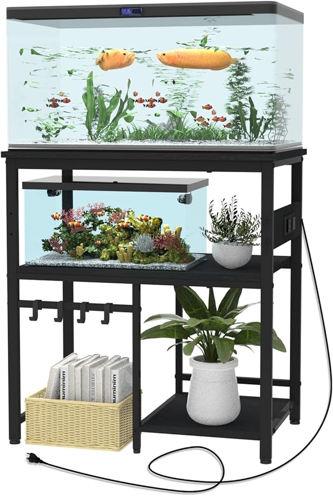 20-29-37 Gallon Fish Tank Stand, 3-Tier Aquarium Stand with Power Outlet Reptile Tank Stand Heavy Duty Terrarium Stand for Home Office, Black