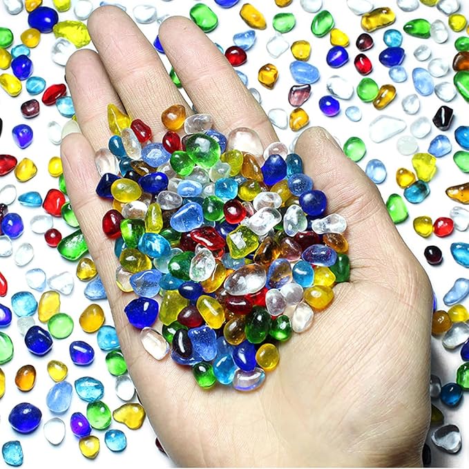 Rainbow Glass Stones, 1Lb/460g Irregular Sea Glass Pebbles Non-Toxic Artificial Crystal Stones for Handmade Artwork/Vase Filler/Terrarium Flowerpot Aquarium Turtle Tank Decoration, Multicolored
