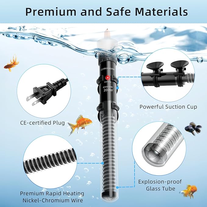 HiTauing Aquarium Heater 25W/50W/100W/200W/300W, Adjustable Knob Fish Tank Heater with Digital Thermometer, Submersible Betta/Turtle Tank Heater for Freshwater and Saltwater Tanks
