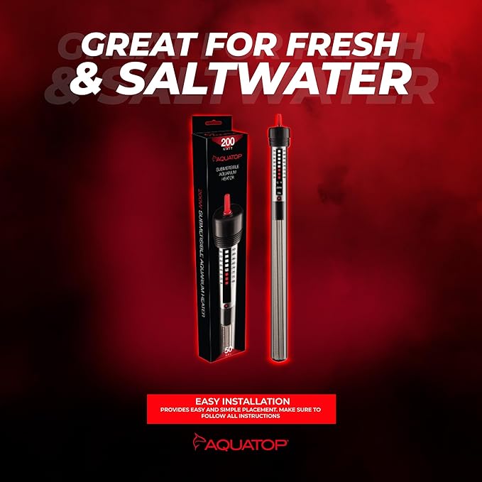 Aquatop 200W Submersible Aquarium Glass Heater – Adjustable Temperature for Tanks Up to 50 Gallons, Freshwater & Saltwater Use, GH-200