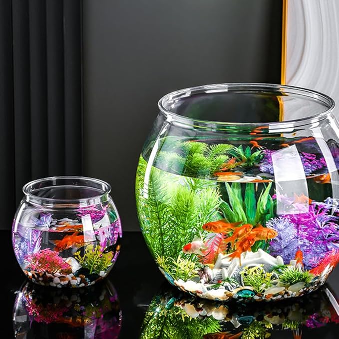 Angoily Transparent Plastic Fish Bowl 5.11 Inch Small Round Aquarium Tank for Goldfish Desktop Office Home Decoration Portable Small Aquarium