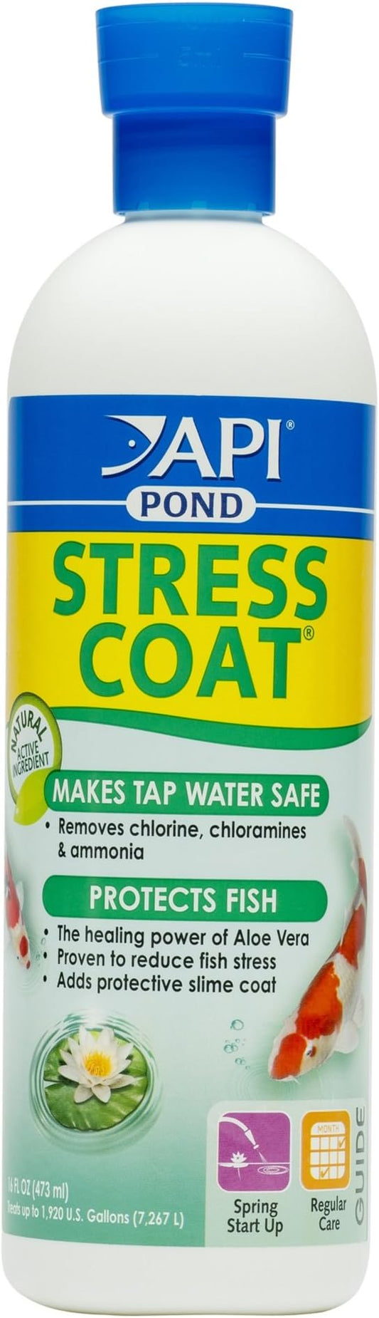 API POND STRESS COAT (16 fl oz) Pond Water Conditioner - Quickly Makes Tap Water Safe for Fish & Plants - Up to 1920 Gallons - Removes Chlorine, Ammonia & More - Natural Aloe Vera