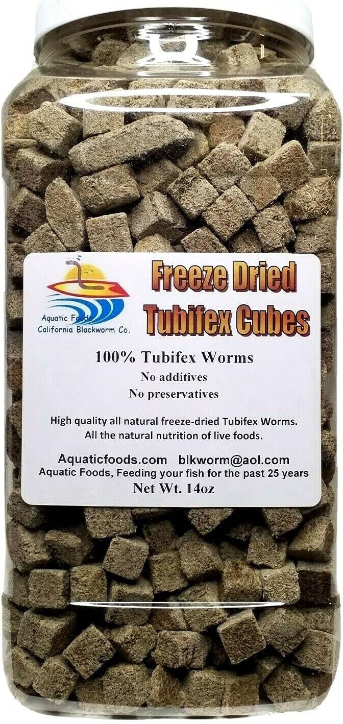 Freeze Dried Tubifex Worm Cubes. 100% Tubifex Worms for All Tropical Fish, Marine Fish, Land & Aquatic Turtles. Premium Freeze Dried Tropical Fish Foods. 14oz-Jar