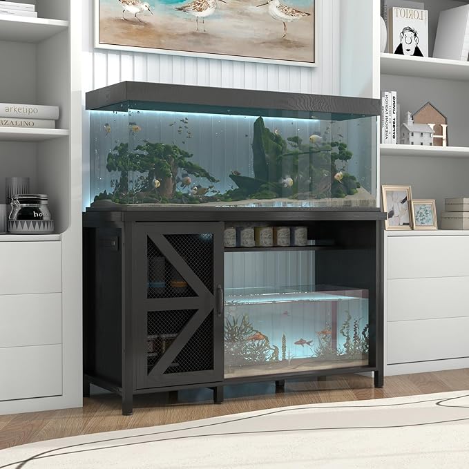 OC Orange-Casual 55-75 Gallon Aquarium Stand with LED Lighting & Power Outlets - Heavy Duty Metal Fish Tank Cabinet with Adjustable Shelves, 1000LB Capacity, Black