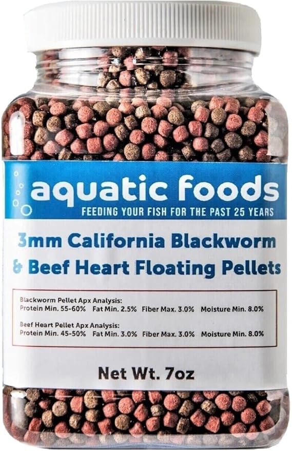 3mm California Blackworm & Beef Heart Floating Pellets, for Discus, Cichlids All Tropicals, Koi and Pond Fish…7oz Small Jar