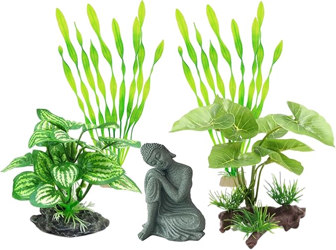 YZHZOM Fish Tank Decorations Set - Aquarium Buddha Statue Decorations, Plastic Plants Set, Betta Fish Tank Accessories