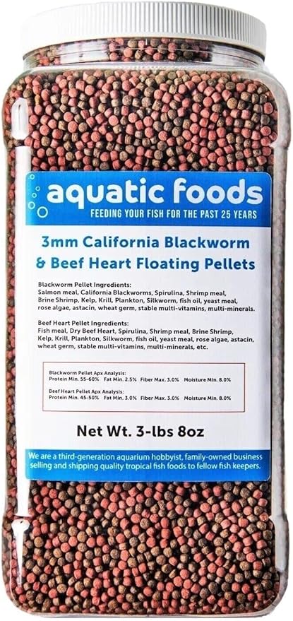 3mm California Blackworm & Beef Heart Floating Pellets, for Discus, Cichlids All Tropicals, Koi and Pond Fish…3-lb & 8oz Lg Jar