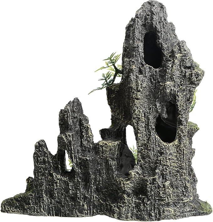 11 Inch Large Aquarium Decor, Tall Resin Mountain Rock Cave with Plants for Natural Aquascape – Realistic Fish Tank Decorations & Hiding Place for Betta, Shrimp, Cichlids