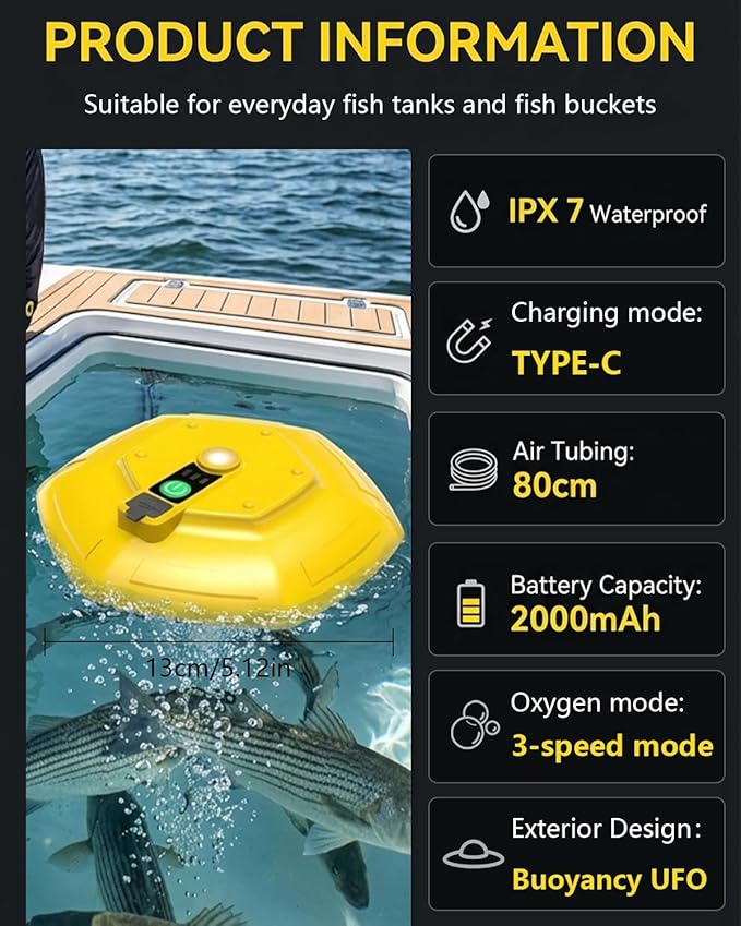 Aerator for Fish Live Minnows Bucket Bait with Fishing Floats Tank Air Bubbler Rechargeable Floating Pump Cooler Basket Portable Well Continuous Oxygen Faucet Tanks Bubble