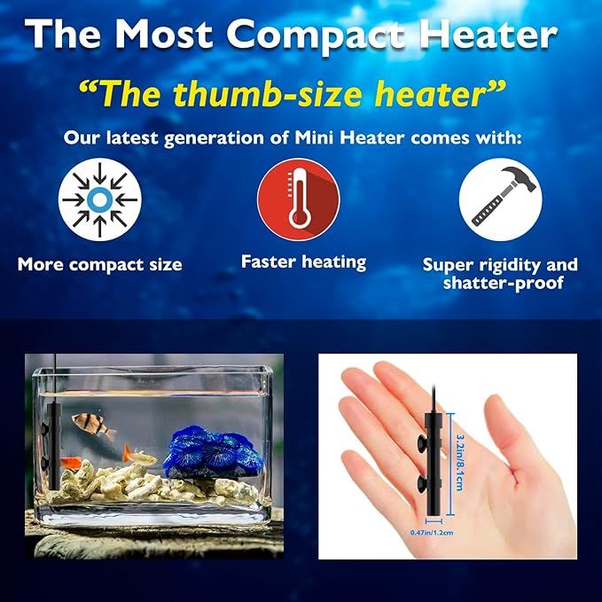 25W Mini Aquarium Heater Betta Heater for 3-5 Gallon Freshwater & Saltwater Tanks, Alumina Ceramic Fish Tank Heater Turtle Heater with Dry-Run & Overheat Protection