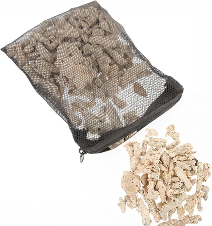 Crushed Coral Filter for Freshwater Aquarium pH Buffer Media, 1.1lb Natural Coral Gravel with Reusable Mesh Bag for Fish Tank Cichlid Substrate, Calcium Mineral for Snails