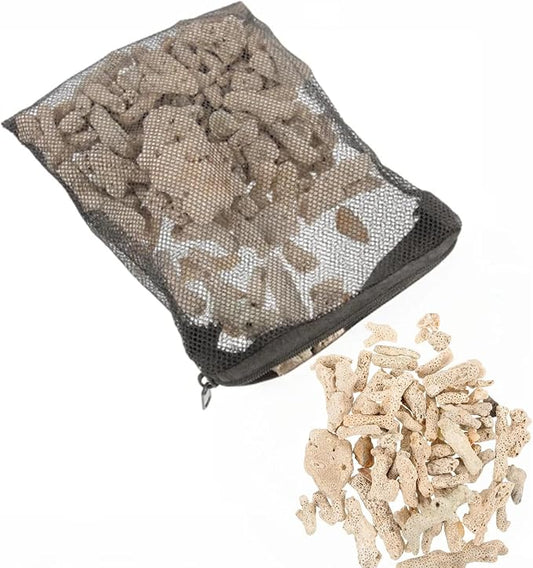 Crushed Coral Filter for Freshwater Aquarium pH Buffer Media, 1.1lb Natural Coral Gravel with Reusable Mesh Bag for Fish Tank Cichlid Substrate, Calcium Mineral for Snails
