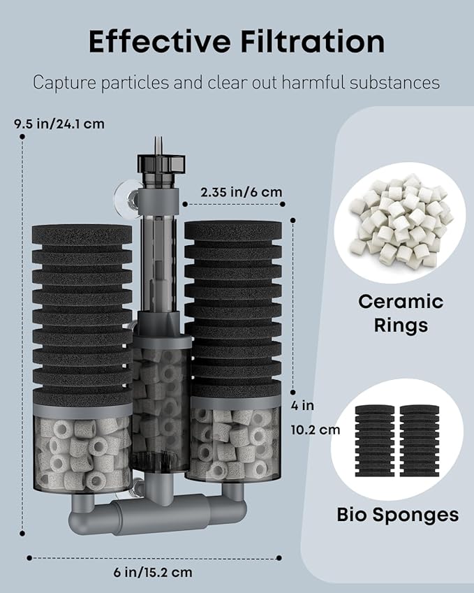 Pawfly Aquarium Sponge Filter, Fish Tank Filter, Submersible Small Aquarium Filter with Double Foams & Ceramic Rings, Quiet Bio Sponge Filter for 15-55 Gallon Tanks(Air Pump Not Included)