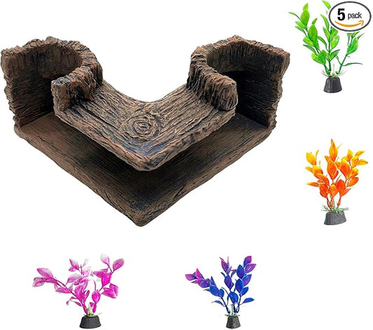 Fish Tank Tree Hole Hideout with 4 Artificial Aquarium Plants | Aquarium Hideout, Shrimp Cave, Aquarium Decor, Fish Tank Accessories for Betta, Guppy, Shrimp, Small Fish